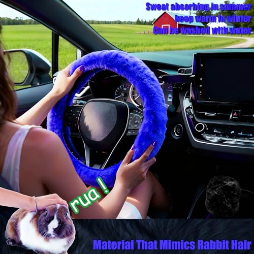 Furry Car Steering Wheel Cover, Heat Absorbing Fluffy Soft Warm Plush Non-Slip, 14 1/2-15 inch, for Women Girls, Blue - color: single cover - blue
