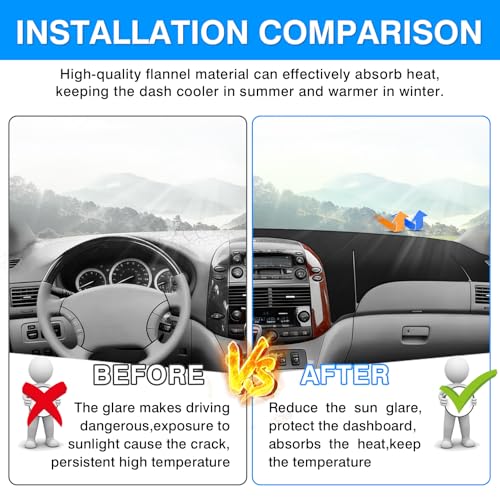 Autorder Dashboard Cover Mat for Toyota Sienna 2004-2010 Accessories Dash Cover Upgrade Flannel Dash Mat Sunshade Glare UV Rays Protector - size: Black 2004-2010 Toyota Sienna