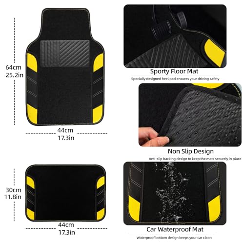 NBTEPEM 10 Pcs Car Floor Mats Full Set & Sport Leather Steering Wheel Cover 14.5-15 inch, Center Console Cover, Seat Belt Cushion, Cup Holder Coaster, Universal Automobile Interior Sets (Yellow)