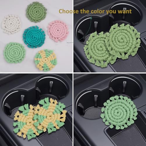 Cotton Car Coasters for Cup Holders, 2 Pack Car Cup Coasters, Drink Coaster Holder Cute Boho Macrame Cupholder Coaster Accessories for Women-3 inch(Yellow Green) - color: Yellow Green