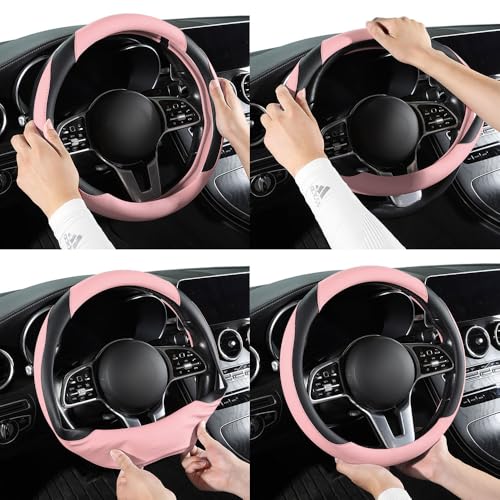 Car Steering Wheel Cover, Microfiber Leather Steering Wheel Cover Universal Fit 14.5-15 inch Anti-Slip Comfortable Breathable Car Wheel Protector for Men Women,Pink - color: Pink