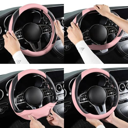 Car Steering Wheel Cover, Microfiber Leather Steering Wheel Cover Universal Fit 14.5-15 inch Anti-Slip Comfortable Breathable Car Wheel Protector for Men Women,Pink - color: Pink