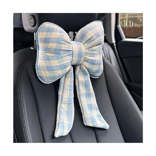 Bow Car Headrest Pillow, Memory Foam Vehicle Neck Pillow with Adjustable Strap, Ergonomic Comfortable Driving Automotive Headrest Support Cushion Accessories, Universal Fit (Blue Grid) - color: Blue Grid