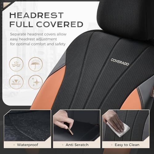 Coverado Seat Covers for Car, Leather Automotive Car Seat Covers 5 Seats, Mesh Breathable Auto Seat Protectors, Brown Seat Covers Universal Fit for SUV, Truck, Vans, Sedan - color: B-Brown&Black