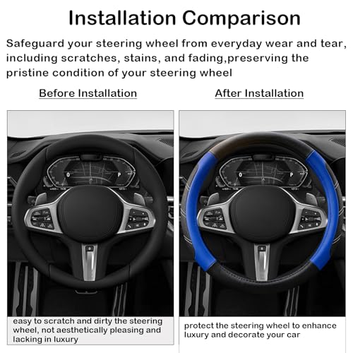 Black and Blue Line Punching Car Steering Wheel Cover, Microfiber Leather Sports, 14.5-15 in Universal Leather Wheel Covers, Breathable Fashion Anti-Slip, Steering Wheels Accessories for Men Women - color: Line Punching-Black and Blue