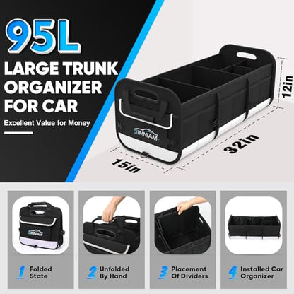 Large Car Trunk Organizer - with 5 Compartments Trunk Organizers and Storage SUV, Reinforced Handle, Securing Straps, Trunk Organizer Available for Car, SUV, Truck, Minivan