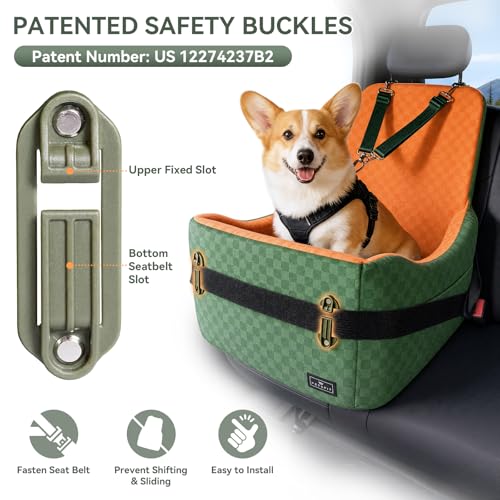 PETSFIT Dog Car Seat for Small/Medium Dogs Up to 35 lbs – Patented Safety System, 5" Memory Foam Pet Car Seat, Fully Detachable and Washable Cover, Front/Back Seat Travel Booster (Green & Orange) - color: Green/Orange