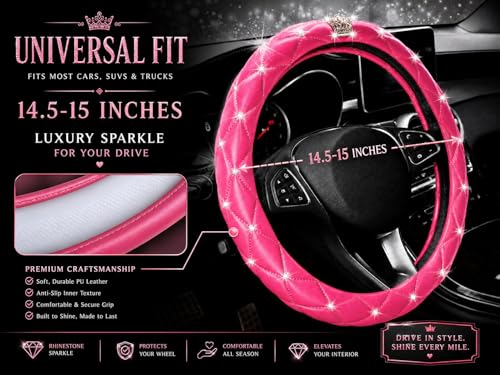 Bling Sparkly Crown Soft Leather Car Steering Wheel Cover For Women Girl,Bling Diamond Crystal Glitter Rhinestones Universal Fit 14.5in-15in Auto Wheel Protector for Suvs,Vans,Sedans,Cars (Crown-Pink) - color: Crown-Pink