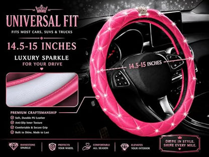 Bling Sparkly Crown Soft Leather Car Steering Wheel Cover For Women Girl,Bling Diamond Crystal Glitter Rhinestones Universal Fit 14.5in-15in Auto Wheel Protector for Suvs,Vans,Sedans,Cars (Crown-Pink) - color: Crown-Pink