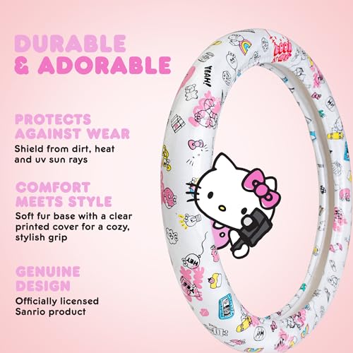 Hello Kitty Steering Wheel Cover, Official Sanrio Car Steering Wheel Cover with Universal Size 14.5-15, Cute White Hello Kitty Car Accessories for Women (Hello Kitty Look at Me) - style: Hello Kitty Look at Me
