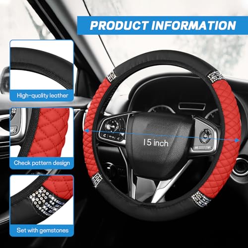 8PCS Car Accessories Set, Bling Leather Car Steering Wheel Cover with Armrest Pad, Seat Belt Cover Pads, Cup Holder Coasters, Gear Shift & Handbrake Covers, Auto Interior Accessories (Red) - color: Red