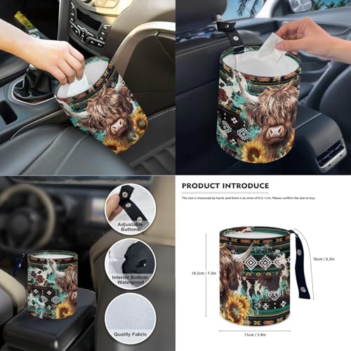 Wanyint Aztec Highland Cow 14-Pack Car Seat Cover Set, Including Steering Wheel, Auto Seatbelt Pads, Cup Coasters, Trash Can, Rear View Mirror Cover, Armrest, Gear Shift Knob - color: Aztec Highland Cow Sunflower