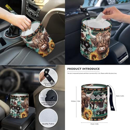 Wanyint Aztec Highland Cow 14-Pack Car Seat Cover Set, Including Steering Wheel, Auto Seatbelt Pads, Cup Coasters, Trash Can, Rear View Mirror Cover, Armrest, Gear Shift Knob - color: Aztec Highland Cow Sunflower