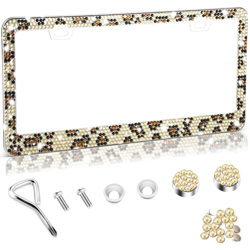 Amiss Bling License Plate Frame for Women, 1Pack Rhinestone Handcrafted Crystal Premium Stainless Steel, Stainless Steel Car Decorative Accessories with Diamond Sparkle Glitter Caps (Leopard Print) - color: Leopard Print, size: 1pc