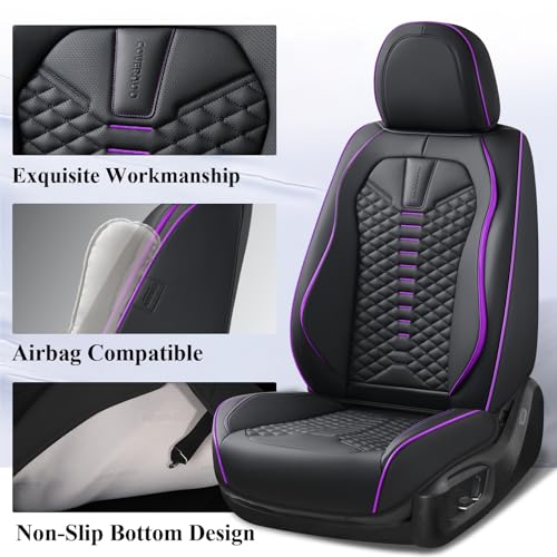 Coverado Car Seat Covers Front Seats, Nappa Leather Black&Purple Car Seat Cover, Automotive Seat Covers, Waterproof Driver Seat Protector, 2 Pack Front Seat Cover Car Seat Cushion Fit for Most Cars