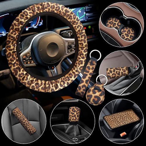10 Pieces Leopard Print Printing Car Steering Wheel Cover Center Console Armrest Pad Headrest Seat Belt Cover Handbrake Cover Keychain Coaster Full Set Car SUV(Brown) - color: Brown