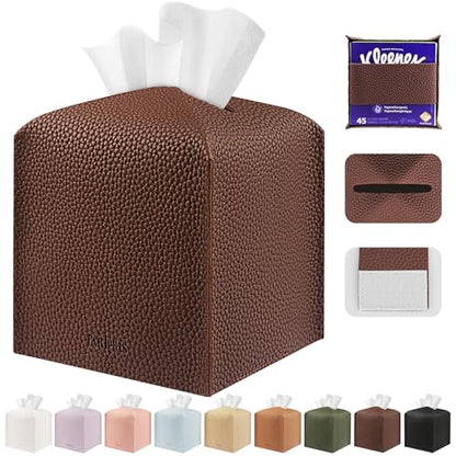 Tissue Box Cover Holder Square Tissue Cube Cover PU Leather Tissue Organizer with Bottom Belt for Bathroom, Tabletop, Car, Night Stands, Office, Home, Kitchen (1, CoffeeBrown) - color: Coffeebrown