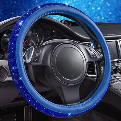 CAR PASS Bling Diamond Leather Steering Wheel Cover, with Bling Sparkly Crystal Glitter Rhinestones Universal Fit 14" 1/2-15" Car Wheel Protect for Women Girl Fit Suvs,Vans,Sedans,Cars,Trucks, Blue - color: Blue Leather Diamond