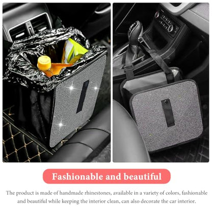 Car Foldable Trash Can, Bling Rhinestone Oxford Garbage Container Hanging Waterproof Organizer, Mini Crystal Dustbin Waste Basket Leakproof Trash Bin for Car Office Kitchen (White) - color: White