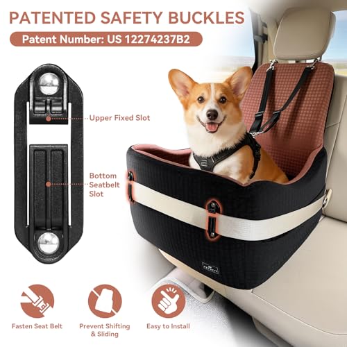 PETSFIT Dog Car Seat for Small/Medium Dogs Up to 35 lbs – Patented Safety System, 5" Memory Foam Pet Booster Car Seat, Fully Detachable and Washable Dog Carseat with 2 Storage Pockets (Black/Brown) - color: Black/Brown