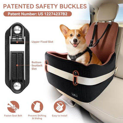 PETSFIT Dog Car Seat for Small/Medium Dogs Up to 35 lbs – Patented Safety System, 5" Memory Foam Pet Booster Car Seat, Fully Detachable and Washable Dog Carseat with 2 Storage Pockets (Black/Brown) - color: Black/Brown