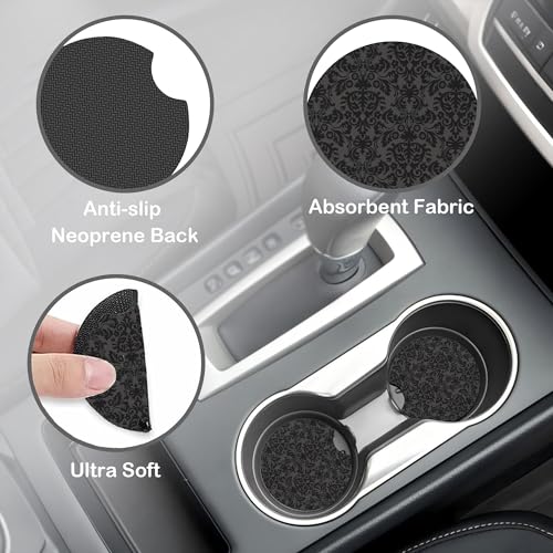 Black Damask Flower Steering Wheel Cover for Women, Anti-Slip Car Steering Wheel Cover with 2 Pcs Cup Holders Neoprene Breathable Car Accessories Universal 15 Inch Auto Interior Decor