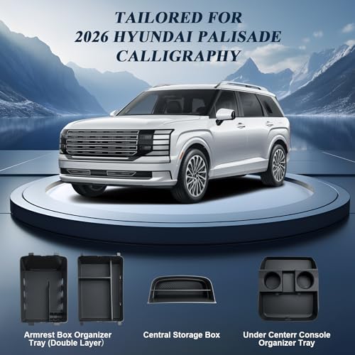 BIBIBO 4Packs for 2026 Hyundai Palisade Center Console Organizer 2026 Hyundai Palisade Calligraphy Console Tray 2026 Palisade Console Insert Tray 2026 Palisade (ONLY FIT Palisade Calligraphy) - color: Black-(Console Under+Insert shelf+Armrest Tray)