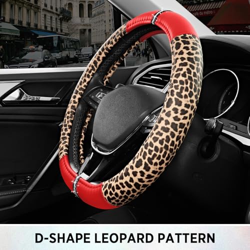 Road Comforts Leopard Steering Wheel Cover for Women, Cute Anti-Slip Microfiber Leather, Fits D Shape Flat Bottom Steering Wheel 14.5-15 Inch - Red - color: D Shape-Red