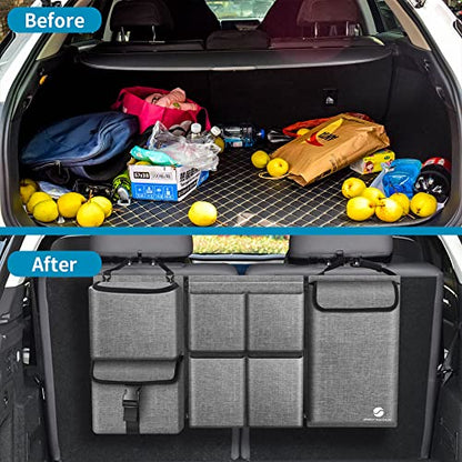 Car Trunk Organizer with Cooler, Hanging Organizers with Large Pockets, Zippers Detachable Seat Back Storage, Waterproof for Jeeps, SUVs, Grey