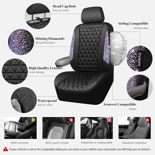 CAR PASS Bling Diamond Black Leather Car Seat Covers Full Set Interior Sets, Waterproof Shining Glitter Sparkly Crystal Armrest Fit Automotive Truck SUV Cute Women Girl, Bedazzed Iridescent Rhinestone - color: Bedazzed Rhinestone, size: Full Set