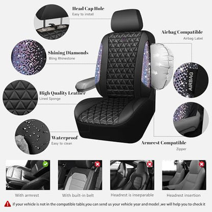 CAR PASS Bling Diamond Black Leather Car Seat Covers Full Set Interior Sets, Waterproof Shining Glitter Sparkly Crystal Armrest Fit Automotive Truck SUV Cute Women Girl, Bedazzed Iridescent Rhinestone - color: Bedazzed Rhinestone, size: Full Set