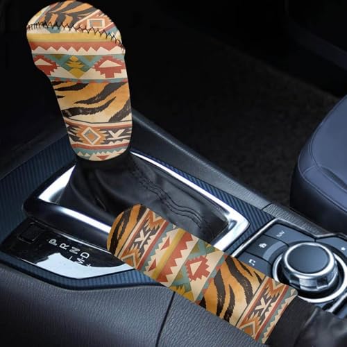 AFPANQZ Car Gear Shift Knob Cover + Hand Brake Sleeve Covers Knob Cover Cloth Sleeves Aztec Tiger Pattern Machine Washable Polyester Fabric Car Decoration 2 PCS Set - color: Aztec Tiger Pattern