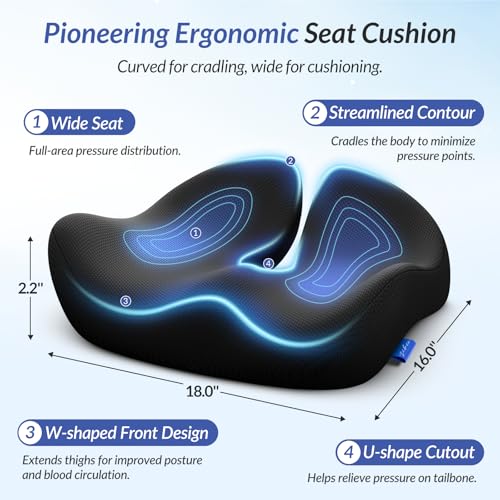 Pioneering Seat Cushion for Pressure Relief, Ergonomic Office Chair Cushion for Sciatica, Back, Hemorrhoids & Tailbone Pain Relief, High-Density Memory Foam Car Seat Cushion with Anti-Slip Base
