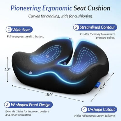 Pioneering Seat Cushion for Pressure Relief, Ergonomic Office Chair Cushion for Sciatica, Back, Hemorrhoids & Tailbone Pain Relief, High-Density Memory Foam Car Seat Cushion with Anti-Slip Base