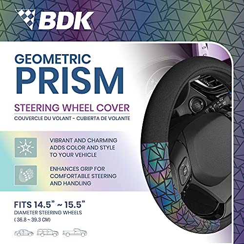BDK Geometric Prism Sparkle Glitter Steering Wheel Cover - Car Steering Wheel Cover for Women with Shiny Holo Bling Accents, Fits Most Car Truck Van SUV Wheel Sizes 14.5 to 15 inch - color: Geometric Prism