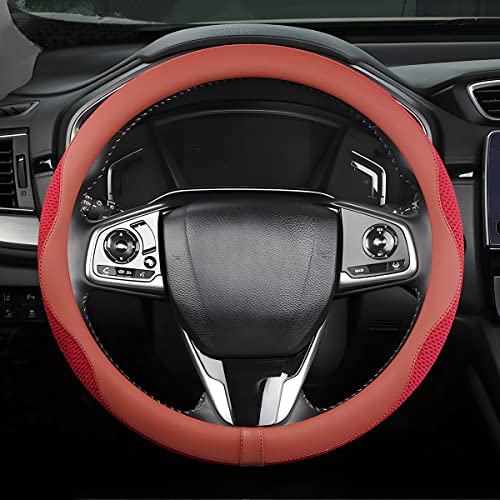 Car Steering Wheel Cover, Microfiber Breathable Ice Silk Leather Steering Wheel Cover Soft Anti-Slip Safety, 15inch Four Season Universal Fits for Most Truck,SUV,Cars (Red) - color: Red