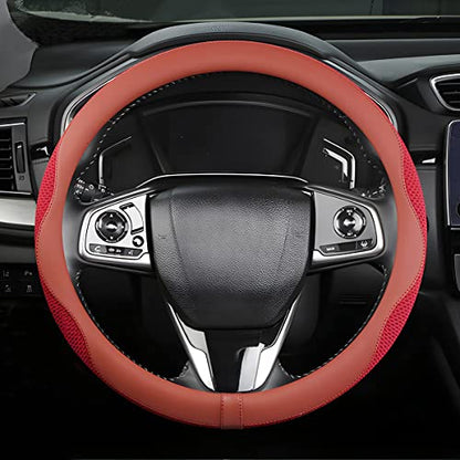 Car Steering Wheel Cover, Microfiber Breathable Ice Silk Leather Steering Wheel Cover Soft Anti-Slip Safety, 15inch Four Season Universal Fits for Most Truck,SUV,Cars (Red) - color: Red