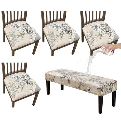 KRFOONN Waterproof Seat Covers for Dining Room Chairs Set of 4 with Bench Cover Washable Dining Chair Covers Removable Kitchen Chair Cushion Slipcovers Protector, A10 - color: Color A10