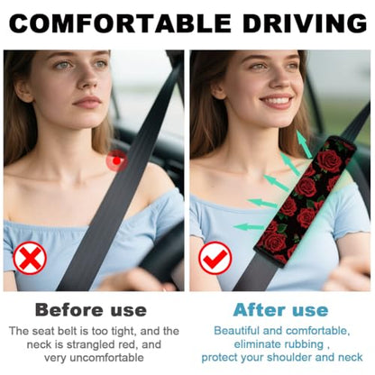 2Pcs Soft Auto Seat Belt Cover Pad Red Roses Flower Colorful Car Seatbelt Shoulder Cushion for Comfortable Driving, Compatible with All Cars' Seatbelt and Backpack Straps - color: Roses