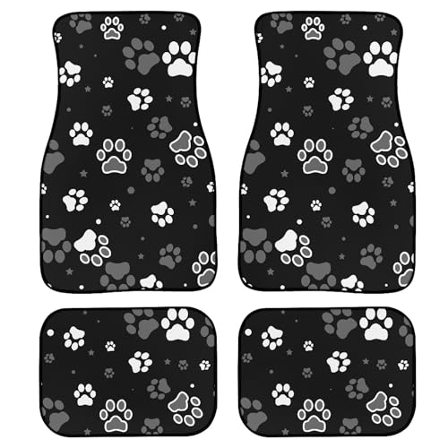 Paw Print Car Floor Mats Carpet Universal Abstract Dog Footprints Grey White Paws and Stars Floor Mats for Cars Vehicle Front Rear Foot Rugs Cute Animal Claws Car Accessories for Trucks - color: Black White Grey