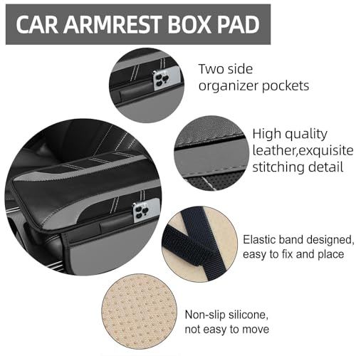 NBTEPEM 6 Pcs Grey Car Accessories Set, Sport Leather Steering Wheel Cover 14.5-15inch Universal, Microfiber Leather Car Center Console Cover, Seat Belt Cushion, Cup Holder Coaster (Black-Grey)