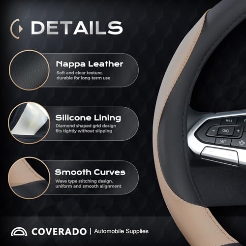 Coverado Car Steering Wheel Cover, Nappa Leather Black & Brown Steering Wheel Covers, Universal 14-15 inch, Anti-Slip, Breathable Steering Wheel Protector for Women Men - color: B-BlackBrown