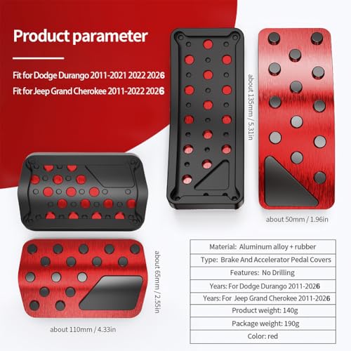 Car Pedal Cover for Jeep Grand Cherokee Dodge Durango 2011-2024 2025 2026 Aluminum Alloy No Drilling Aluminum Brake and Accelerator Pedal Covers 2PCS(Red) - color: Red