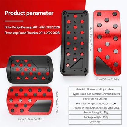 Car Pedal Cover for Jeep Grand Cherokee Dodge Durango 2011-2024 2025 2026 Aluminum Alloy No Drilling Aluminum Brake and Accelerator Pedal Covers 2PCS(Red) - color: Red