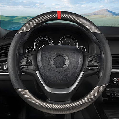 Carbon Fiber Steering Wheel Cover, Universal 15 inch Breathable Anti Slip, Fit Most Cars, Trucks, SVU (Black/Gray) - color: Black/Gray