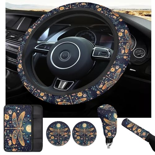 Dragonfly Print Car Steering Wheel Cover Sets for Women Moon Flower Auto Interior Accessories Cup Holder Armrest Pad Seatbelt Cushion Fit Vans Trucks,SUV - color: Dragonfly print