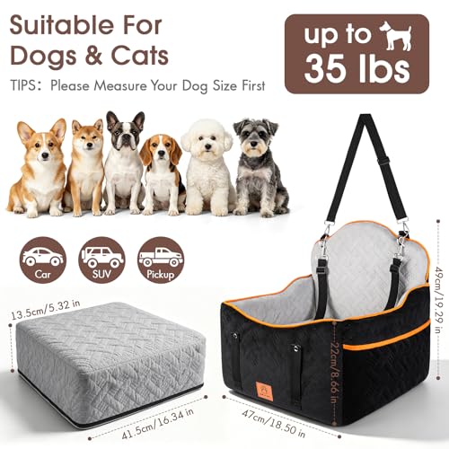 Dog Car Seats for Small Medium Dogs up to 35 lbs – Dog Booster Car Seat with 5.3-Inch Memory Foam, Dual Safety Leashes, Detachable Washable Cover & Storage Pockets, Soft Travel Dogs Bed (Black)
