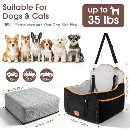 Dog Car Seats for Small Medium Dogs up to 35 lbs – Dog Booster Car Seat with 5.3-Inch Memory Foam, Dual Safety Leashes, Detachable Washable Cover & Storage Pockets, Soft Travel Dogs Bed (Black)