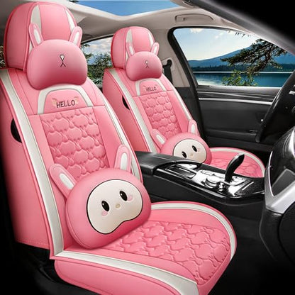INZU Cute Cartoon Rabbit Comfortable Car Seat Covers with Waterproof PU Leather Suitable for Most 5 Seats Cars SUV and Pick-up Truck Universal Fit Set (Pink) - color: Pink