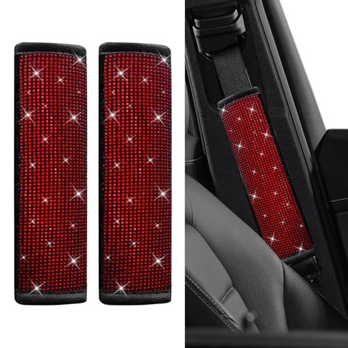 2PCS Bling Seat Belt Covers, Seat Belt Cover Pad, Car Seatbelt Shoulder Pads with Rhinestone, Auto Accessories Comfortable Automotive Neck Shoulder Mat Cushion for Car Truck SUV (Red) - color: Red